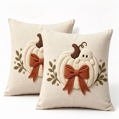 Amorly 2Pack Autumn Pillow Covers,2D Printed White Pumpkin & Ghost Motif With Rust Bow, Cushion Case No Insert, Indoor Decor For Sofa - image 1