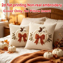Amorly 2Pack Autumn Pillow Covers,2D Printed White Pumpkin & Ghost Motif With Rust Bow, Cushion Case No Insert, Indoor Decor For Sofa - thumbnail 5