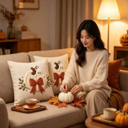 Amorly 2Pack Autumn Pillow Covers,2D Printed White Pumpkin & Ghost Motif With Rust Bow, Cushion Case No Insert, Indoor Decor For Sofa - thumbnail 6