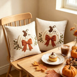 Amorly 2Pack Autumn Pillow Covers,2D Printed White Pumpkin & Ghost Motif With Rust Bow, Cushion Case No Insert, Indoor Decor For Sofa - thumbnail 7