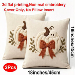 Amorly 2Pack Autumn Pillow Covers,2D Printed White Pumpkin & Ghost Motif With Rust Bow, Cushion Case No Insert, Indoor Decor For Sofa - thumbnail 3