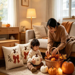 Amorly 2Pack Autumn Pillow Covers,2D Printed White Pumpkin & Ghost Motif With Rust Bow, Cushion Case No Insert, Indoor Decor For Sofa - thumbnail 8
