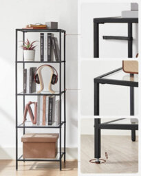 Songmics 5-Tier Storage Rack, Bookshelf, Display Stand, Glass, Suitable For Bathroom, Living Space, Bedroom, Office, Ink Black - thumbnail 4