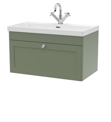 Balterley Swynnerton Traditional 1 Drawer Wall Hung Vanity Unit With Thin Edge Basin, Satin Green, 800mm - image 1