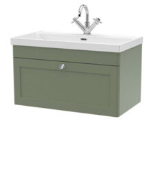 Balterley Swynnerton Traditional 1 Drawer Wall Hung Vanity Unit With Thin Edge Basin, Satin Green, 800mm - thumbnail 1