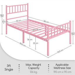 Yaheetech Pink 3Ft Single Metal Bed Frame With Slatted Headboard And Footboard - thumbnail 4