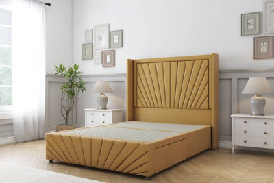 "Sloomy Rutherford Mustard Plush Divan Bedno Drawers - 54"" Wingback Headboard & 12""footboard 6' Super King" - image 1