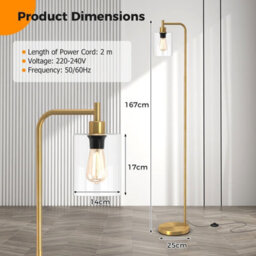 Costway Industrial Floor Lamp Standing Lamp With Hanging Glass Lampshade & Foot Switch Golden - thumbnail 3