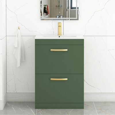 Royal Bathrooms Turin 600mm Floor Standing Vanity Unit Matt Green 2 Drawer Minimalist Basin With Brushed Brass Handles - image 1