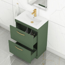Royal Bathrooms Turin 600mm Floor Standing Vanity Unit Matt Green 2 Drawer Minimalist Basin With Brushed Brass Handles - thumbnail 5