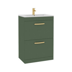 Royal Bathrooms Turin 600mm Floor Standing Vanity Unit Matt Green 2 Drawer Minimalist Basin With Brushed Brass Handles - thumbnail 6