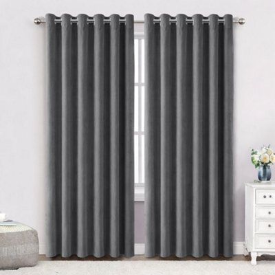 Bedlooms Charcoal Crushed Velvet Curtains Blackout Thermal Insulated Eyelet Curtain (Pair) 66 X 72 Inches With Tie Back Two - image 1