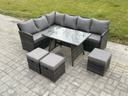 Fimous Wicker Rattan Garden Furniture Corner Sofa Set With Oblong Dining Table 3 Small Footstools 9 Seater - thumbnail 1