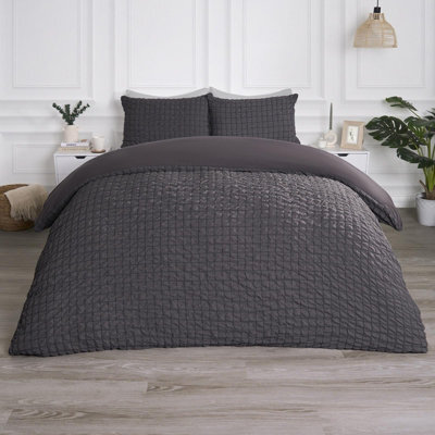 OHS Luxury Seersucker Duvet Cover Set Geo Pillowcase Quilt, Charcoal - King - image 1