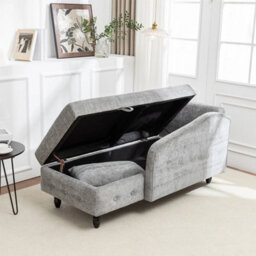 Chaise Lounge Upholstered Chenille Sofa Grey Accent Chair With Storage & Pillow - thumbnail 6