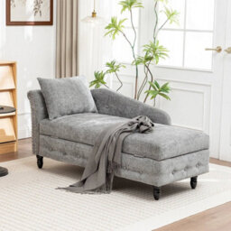 Chaise Lounge Upholstered Chenille Sofa Grey Accent Chair With Storage & Pillow - thumbnail 5