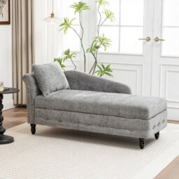 Chaise Lounge Upholstered Chenille Sofa Grey Accent Chair With Storage & Pillow - thumbnail 4