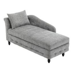 Chaise Lounge Upholstered Chenille Sofa Grey Accent Chair With Storage & Pillow - thumbnail 1