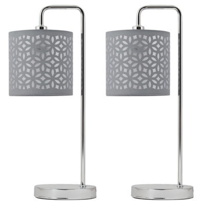First Choice Lighting Set Of 2 Chrome Arched Table Lamps With Grey Laser Cut Shades - image 1