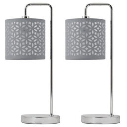 First Choice Lighting Set Of 2 Chrome Arched Table Lamps With Grey Laser Cut Shades