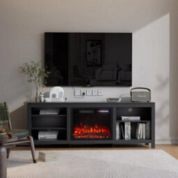 "Black 178Cm Tv Stand Unit Cabinet Recessed 23"" Electric Fireplace With Storage Shelves" - thumbnail 6
