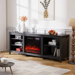 "Black 178Cm Tv Stand Unit Cabinet Recessed 23"" Electric Fireplace With Storage Shelves" - thumbnail 3