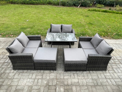Fimous 8 Seater Garden Dining Set Rattan Outdoor Furniture Sofa With Rectangular Dining Table Double Seat Sofa 2 Big Footstool - image 1