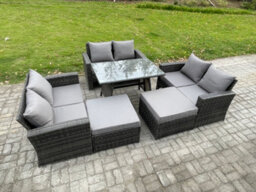 Fimous 8 Seater Garden Dining Set Rattan Outdoor Furniture Sofa With Rectangular Dining Table Double Seat Sofa 2 Big Footstool - thumbnail 2