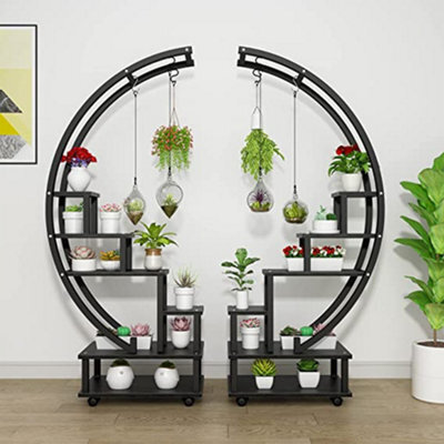 Living And Home 2Pcs Black Half Moon Shaped Metal Frame Plant Stand Display Shelf With Wheels 169 Cm (H) - image 1