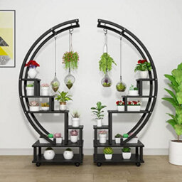 Living And Home 2Pcs Black Half Moon Shaped Metal Frame Plant Stand Display Shelf With Wheels 169 Cm (H) - thumbnail 1
