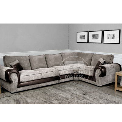Furnishings For Less UK Large Portland Brown And Beige Fabric And Leather Long 5 Seater L Shaped Corner Sofa Roll Arm Fullback Right Hand Facing