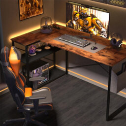Bexevue Brown Small L Shaped 100X70Cm Reversible Computer Gaming Desk With Power Outlets And Storage Shelves - thumbnail 2