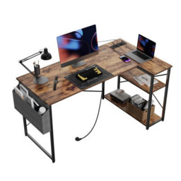 Bexevue Brown Small L Shaped 100X70Cm Reversible Computer Gaming Desk With Power Outlets And Storage Shelves - thumbnail 1