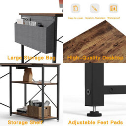 Bexevue Brown Small L Shaped 100X70Cm Reversible Computer Gaming Desk With Power Outlets And Storage Shelves - thumbnail 5