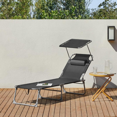 Songmics Folding Deck Chair, Sun Lounger With Reclining Adjustable Backrest And Sunshade Headrest, Dark Grey - image 1