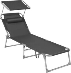 Songmics Folding Deck Chair, Sun Lounger With Reclining Adjustable Backrest And Sunshade Headrest, Dark Grey - thumbnail 9