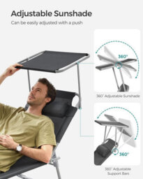Songmics Folding Deck Chair, Sun Lounger With Reclining Adjustable Backrest And Sunshade Headrest, Dark Grey - thumbnail 4