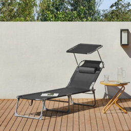 Songmics Folding Deck Chair, Sun Lounger With Reclining Adjustable Backrest And Sunshade Headrest, Dark Grey - thumbnail 1