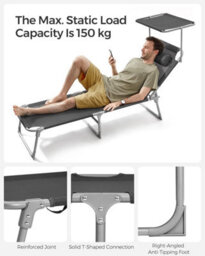Songmics Folding Deck Chair, Sun Lounger With Reclining Adjustable Backrest And Sunshade Headrest, Dark Grey - thumbnail 6