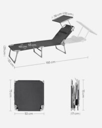 Songmics Folding Deck Chair, Sun Lounger With Reclining Adjustable Backrest And Sunshade Headrest, Dark Grey - thumbnail 2
