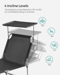 Songmics Folding Deck Chair, Sun Lounger With Reclining Adjustable Backrest And Sunshade Headrest, Dark Grey - thumbnail 3
