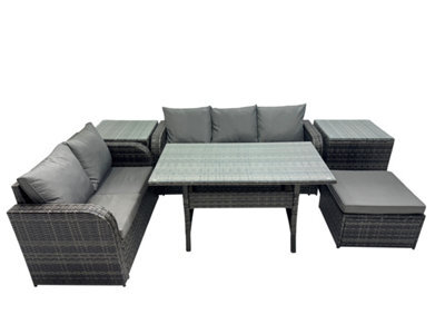 Fimous 6 Seat Outdoor Wicker Pe Rattan Garden Furniture Set Dining Table Sofa Sets With Big Stool 2 Side Tables Dark Grey Mixed - image 1