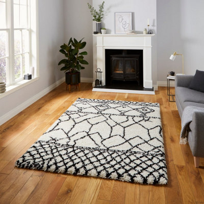 White Black Geometric Modern Shaggy Moroccan Easy To Clean Rug For Dining Room Rug-120Cm X 170Cm - image 1