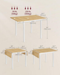 Songmics Vasagle Folding Dining Table, Drop Leaf Extendable, For Small Spaces, Seats 2-4 People, Industrial, Natural Oak And Cloud White - thumbnail 2