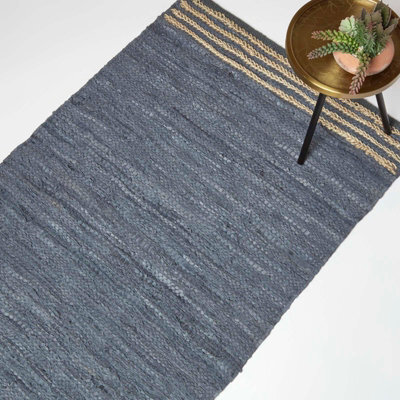 Homescapes Grey Recycled Leather Handwoven Stripe Rug, 120 X 170 Cm - image 1
