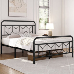 Yaheetech Black 4Ft6 Double Metal Bed Frame With Diamond Pattern Headboard And Footboard