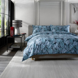 The Lyndon Company Tropical Garden 100% Cotton Duvet Cover Set, Blue Botanical Print With Piped Edging - thumbnail 1
