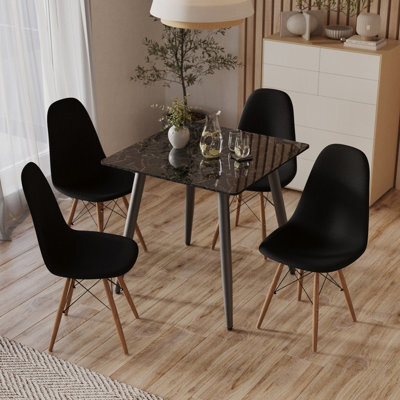 Urbn-Living Urbnliving 80Cm Width 5 Pcs Ceramic Square Crimea Shinny Table With Black Chairs Set - image 1