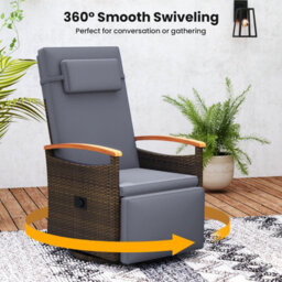 Gainoom Outdoor Swivel Rattan Recliner Chair Grey Patio Wicker Chaise Lounge Chair Push Back Reclining Chair - thumbnail 7
