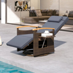Gainoom Outdoor Swivel Rattan Recliner Chair Grey Patio Wicker Chaise Lounge Chair Push Back Reclining Chair - thumbnail 3
